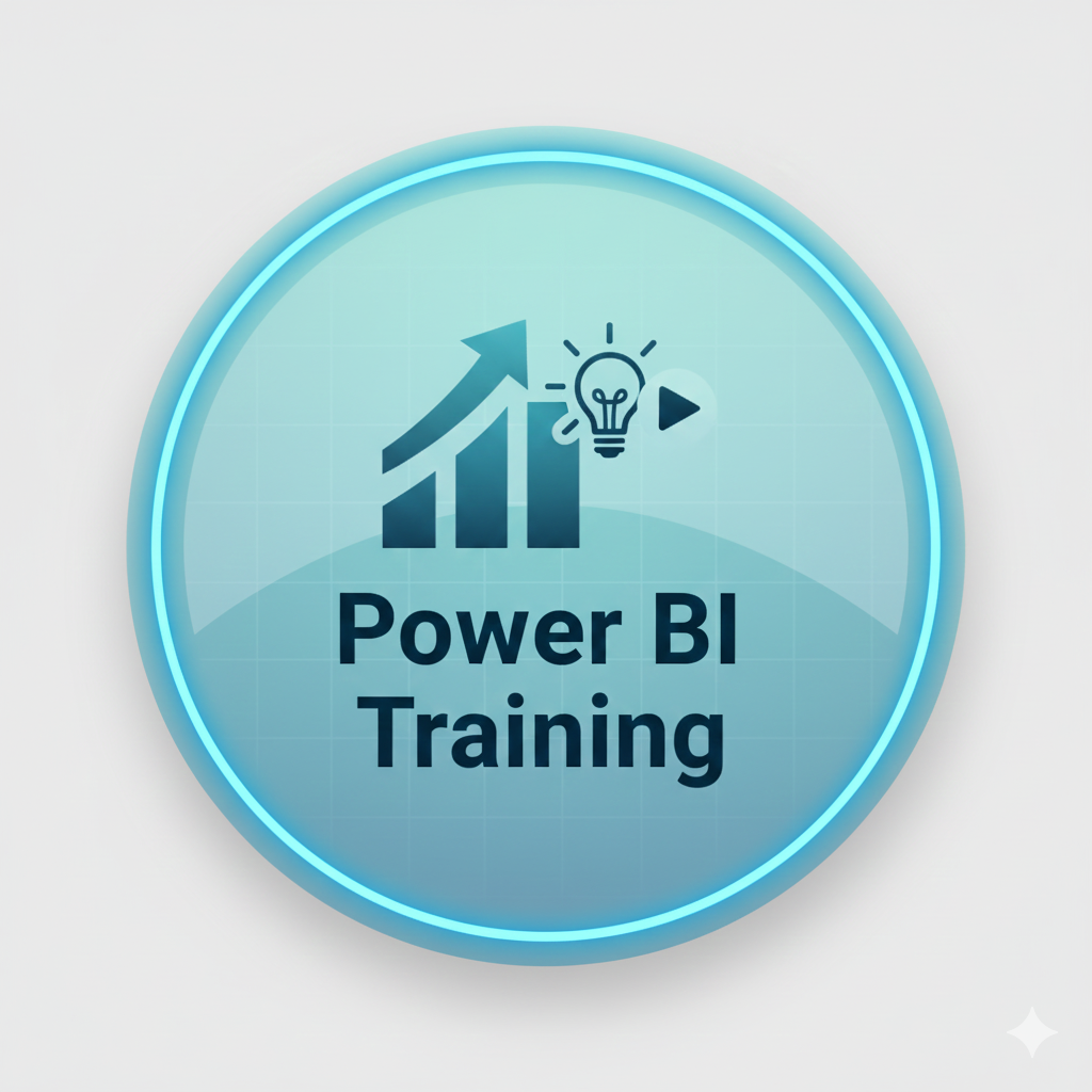 Text: A minimalist professional icon representing Power BI training, featuring a digital bar chart and a glowing data connection symbol on a clean office desk background.